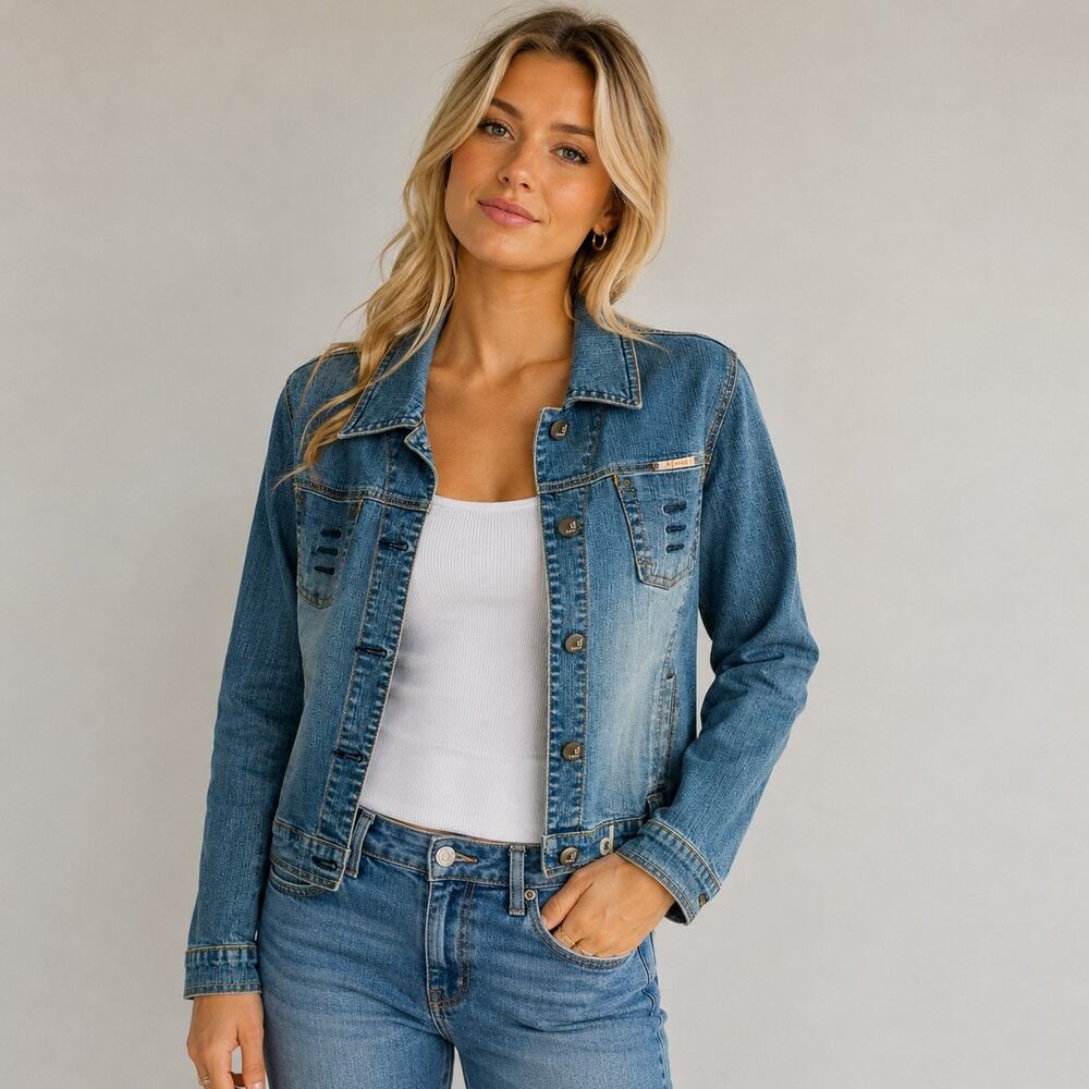 D. Jeans Blue Denim Jacket Womens XL Faded Distressed Classic Basic Biker Y2K